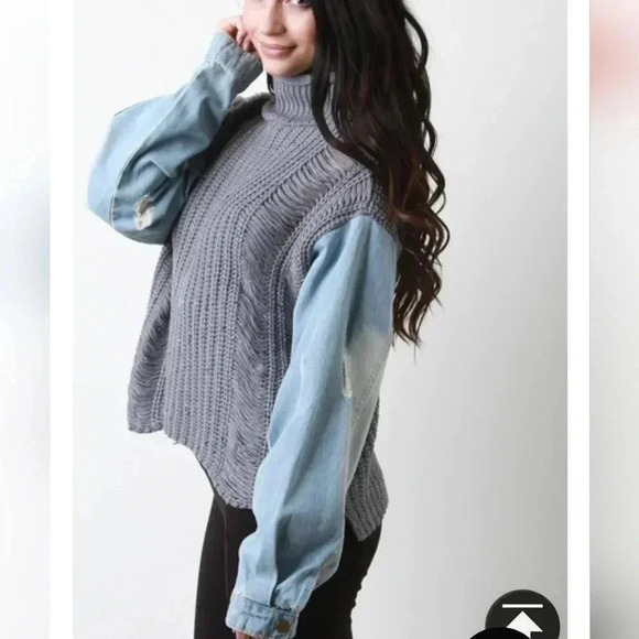 Instinct over Reason Shredded Turtle Neck Denim Sleeves Sweater. Size Medium - Picture 6 of 13